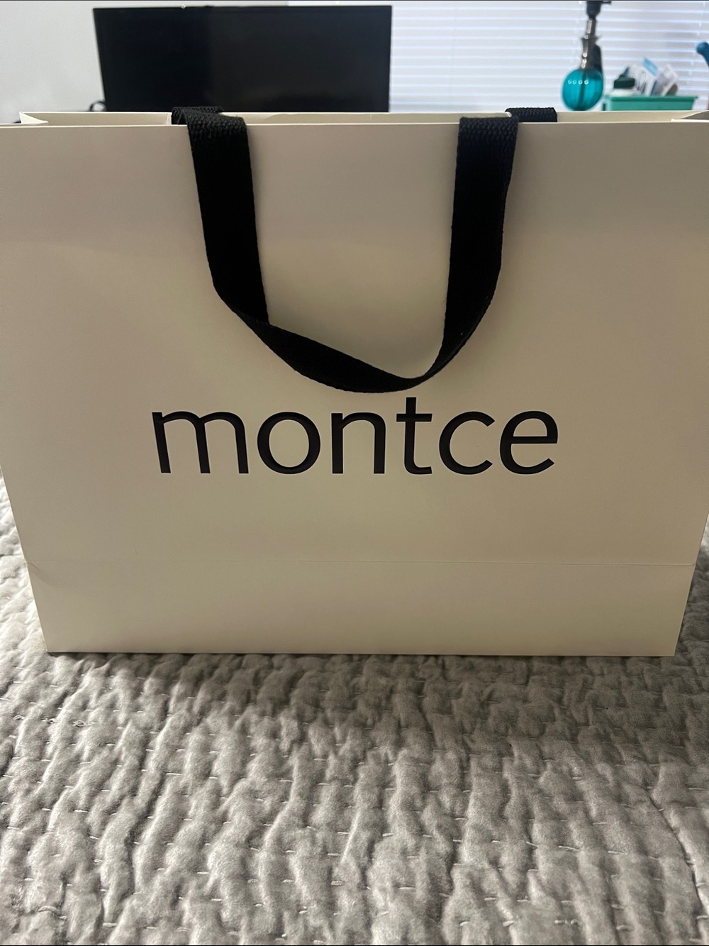 Montce Cream Shopping Bag with Black Ribbon Handles